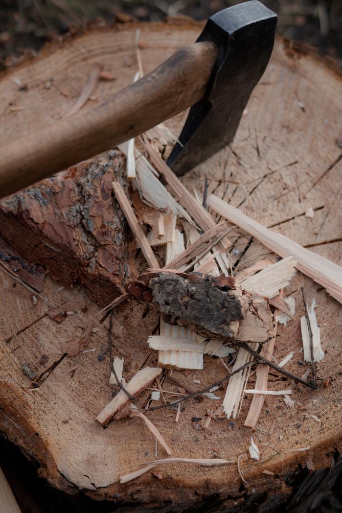 Close-up of an axe and wood chips on a splitting stump, authentic wood preparation for the Sweat Culture wood-fired sauna in Peachland, BC